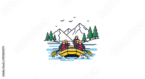 A dynamic line art illustration captures four individuals paddling a yellow inflatable raft through choppy water, set against mountains and pine trees.