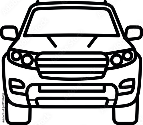 Simple black and white line art icon depicting the front view of an suv