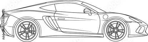 Outline drawing of a sleek modern sports car profile view ready for coloring