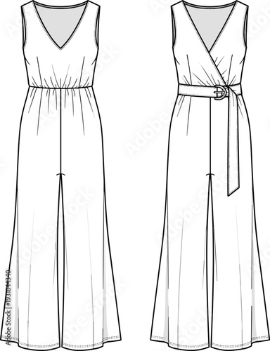 Sleeveless wrap jumpsuit vector sketch, double breasted blazer romper, halter neck wide leg jumpsuit, long sleeve midi dress, fashion illustration, white.