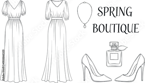 Elegant fashion collection flat sketches featuring dresses shoes necklace and perfume bottle