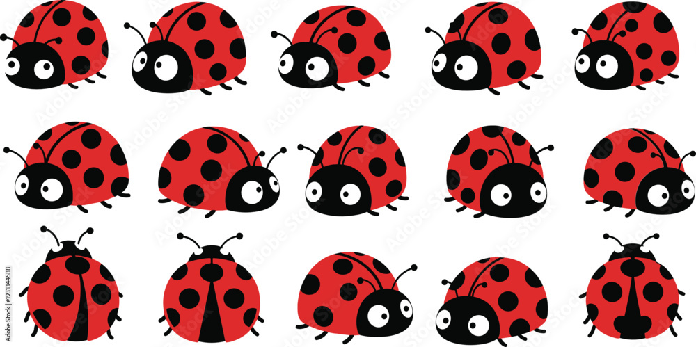 Obraz premium Cute Ladybug Cartoon Collection Set with Different Poses Red and Black Insect Characters Vector Illustration