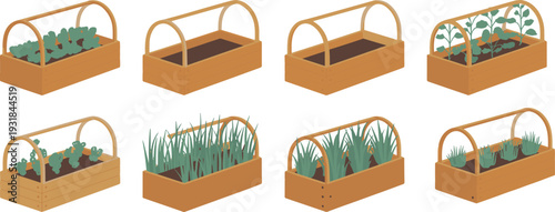 Raised garden bed illustration, plant growth stages, vegetable garden vector, farming design icon, agriculture silhouette pattern, gardening equipment background, soil cultivation art