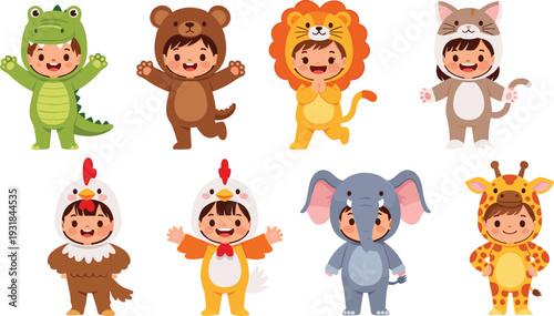 Cute Kids Wearing Animal Costumes Collection with Dinosaur Bear Lion Cat Chicken Elephant and Giraffe Cartoon Vector Set