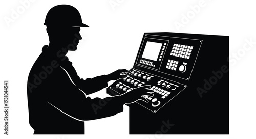 A worker operates complex machinery with a digital control panel depicted as a striking black silhouette high quality professional detailed modern