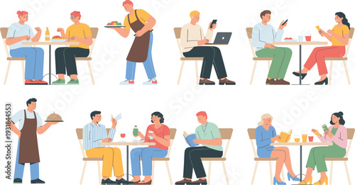 Restaurant dining illustration, people eating vector, social interaction artwork, waiter serving food, modern lifestyle decor, diverse dining activities graphic art