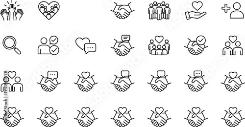 Community support and charity line icon set with handshake, heart, teamwork, volunteer, partnership and social care symbols editable stroke vector illustration