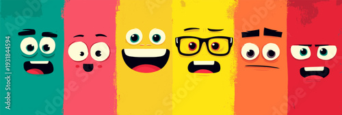 Cheerful cartoon faces on a colorful background expressing various emotions and concepts. Cartoon faces showing emotions and different personalities