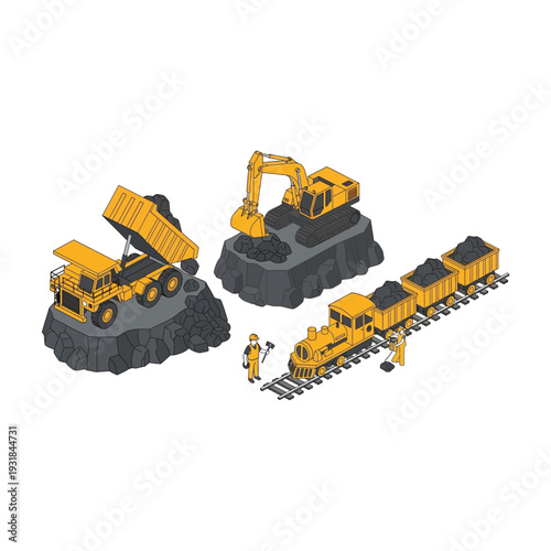 Isometric Mining and Construction Vehicles with Workers.
