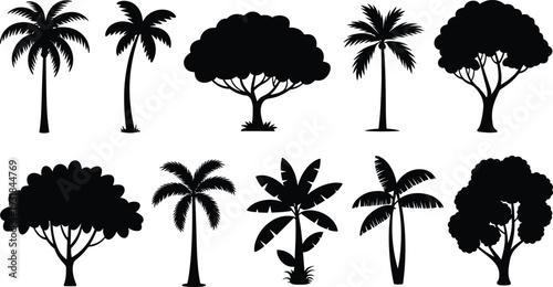 Tree silhouettes collection, palm trees, banana trees, broadleaf trees, botanical illustration, landscape design, foliage patterns, forest elements, tropical nature, greenery concept