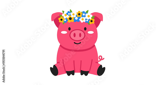 Adorable Cartoon Pig with Floral Crown. Vector Illustrations. EPS Editable