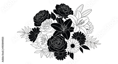 A striking black and white floral arrangement featuring roses lilies and daisies in a bold silhouette high quality professional detailed modern
