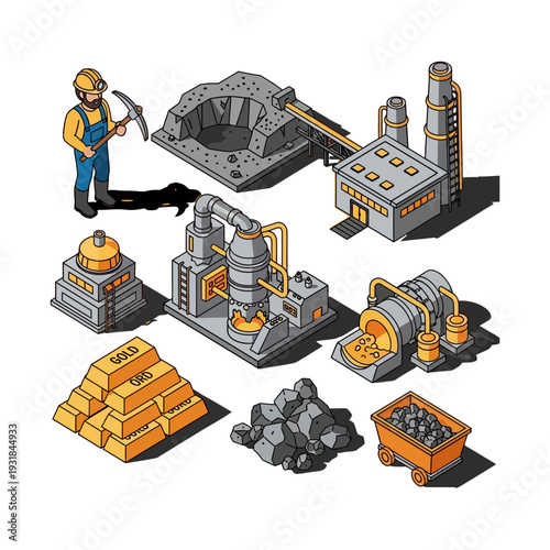 Isometric Mining and Gold Production Process with Miner and Industrial Equipment.