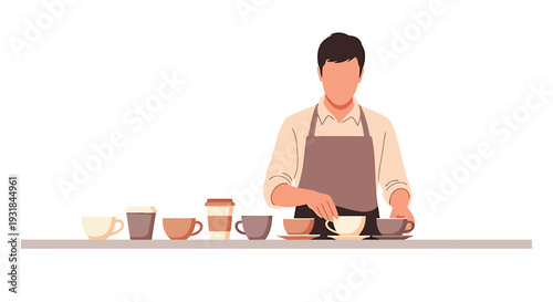 Barista Preparing Coffee in Cafe Setting. Vector Illustrations. EPS Editable