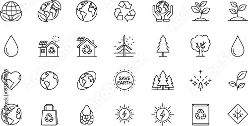 Collection of black line icons representing environmental sustainability and ecological concepts