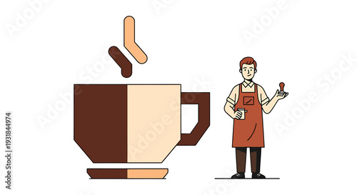 Barista Serving Coffee in a Giant Cup. Vector Illustrations. EPS Editable