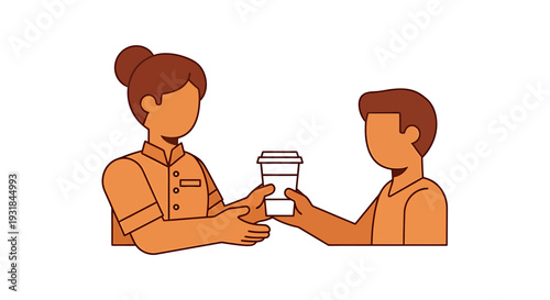 Barista Serving Coffee to Customer in Minimalist Style. Vector Illustrations. EPS Editable