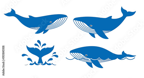 Blue Whale Silhouettes on White Background. Vector Illustrations. EPS Editable