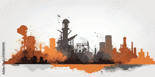 Industrial Factory Skyline Silhouette with Orange Grunge Splash – Heavy Industry and Manufacturing Concept Illustration.