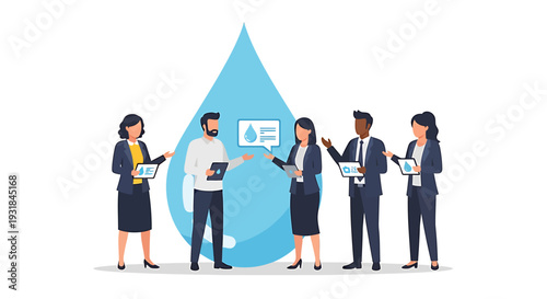Business Professionals Discussing Water Conservation and Sustainability. Vector Illustrations. EPS Editable