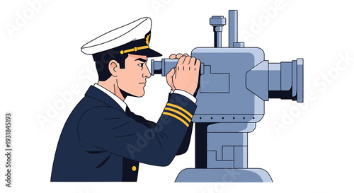 Captain Looking Through Binoculars on White Background. Vector Illustrations. EPS Editable