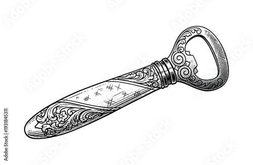 Decorative bottle opener vector with floral engraving and antique metal texture