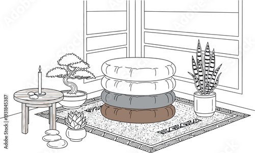 Zen meditation corner featuring stacked cushions and natural calming elements