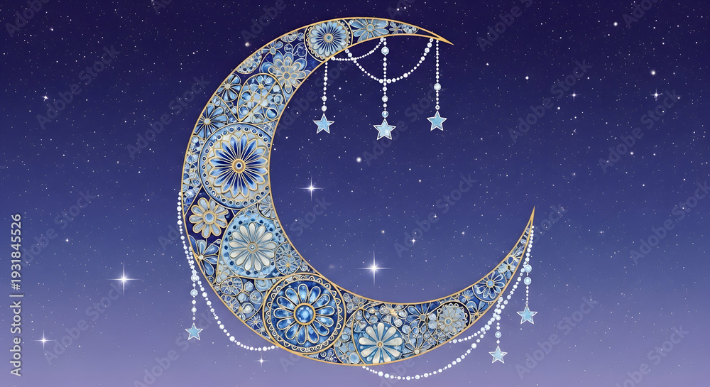 Fototapeta premium Moonlit Garden Dream: Nocturnal Moths, Crescent Moon, and Purple Florals in a Digital Painting