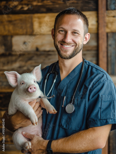 Happy man, portrait and veterinarian with dog for animal checkup, visit or healthcare. ai generated