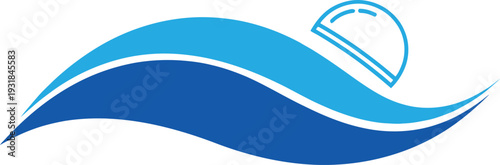 Stylized swimming logo design featuring blue water waves and a cap icon