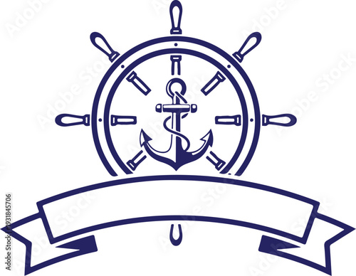 Vector art of ship wheel anchor with ribbon banner nautical symbol in blue color