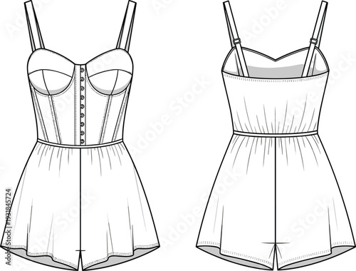 Women's corset style romper technical flat sketch, sleeveless bodysuit vector template with adjustable straps, front and back apparel fashion illustration.