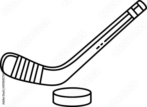 Simple outline drawing of an ice hockey stick poised above a black puck