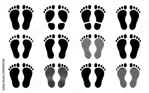Collection of various human footprints in different patterns and orientations