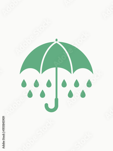 Green umbrella with raindrops falling around it on white background