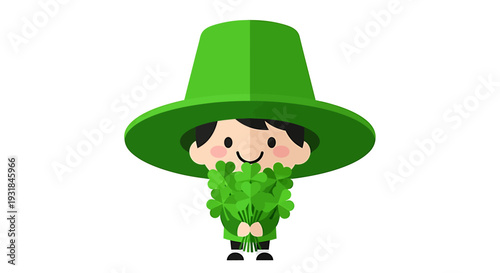 Cartoon Leprechaun with Shamrock and Hat. Vector Illustrations. EPS Editable