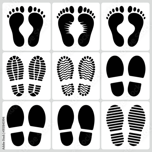 Collection of various footprints and shoe prints on white background