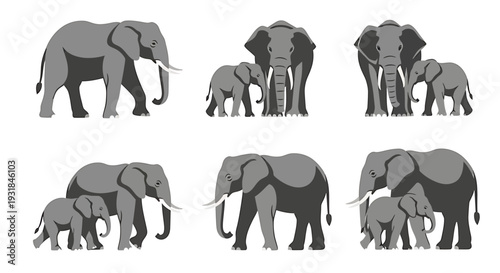 Collection of Elephant Illustrations Featuring Adult and Baby Elephants in Various Poses. Vector Illustrations. EPS Editable