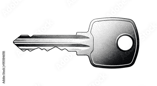 Modern door key vector with stipple shading and realistic metal texture detail