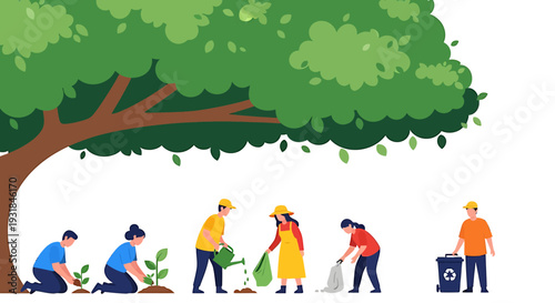 Community Volunteers Planting Trees Together. Vector Illustrations. EPS Editable