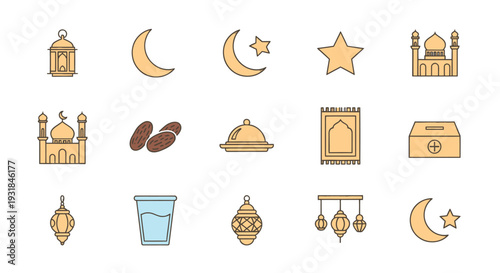 Ramadan icons and symbols of Islamic culture, including mosque, dates, lantern, and prayer rug