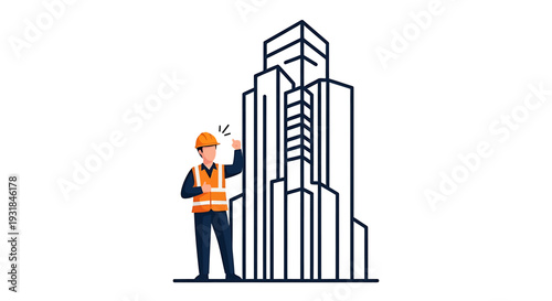Construction Worker Inspecting Modern Building Site. Vector Illustrations. EPS Editable