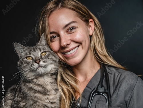 Happy woman, portrait and veterinarian with cat for animal checkup, visit or healthcare. ai generated