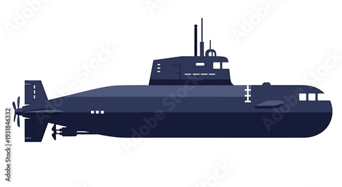 Dark Blue Submarine Isolated on White Background. Vector Illustrations. EPS Editable