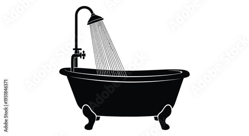 A black silhouette of a classic clawfoot bathtub with a shower showcasing a simple graphic design silhouette high quality professional detailed