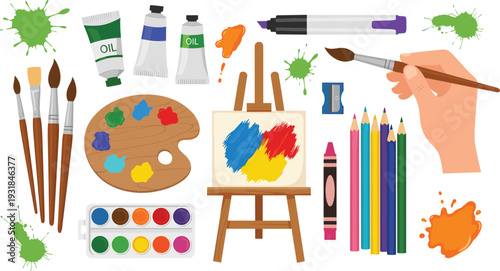 Art Supplies Collection with Paint Palette Brushes Canvas Easel Pencils and Oil Tubes Creative Vector Illustration