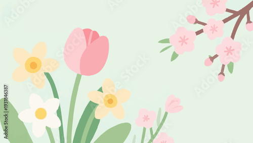 Nordic-style, simple illustrations evoking spring. The breath of spring. The image of fresh greenery.