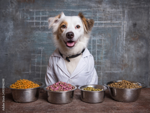 cute pet sitting at the table with bowls of dry dog food looking to the camera. AI generated
