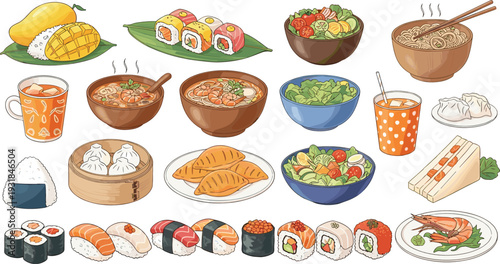 Asian Food Collection with Sushi Ramen Dumplings Onigiri Tea and Traditional Japanese Cuisine Vector Illustration