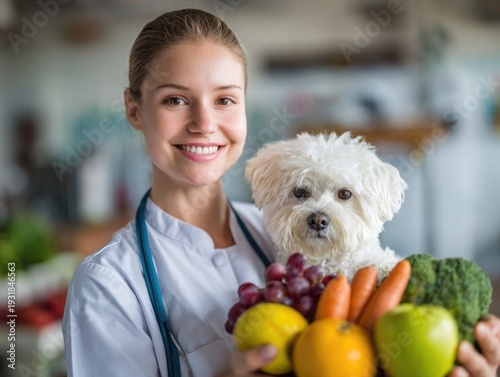 Pet nutritionist choosing food for a dog, holding a dog smiling. AI generated